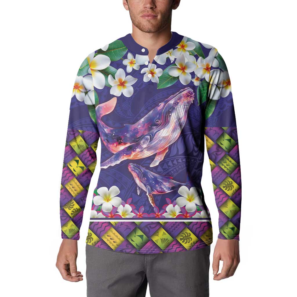 Hawaiian Plumeria and Humpback Whales Button Sweatshirt Polynerian Art Tattoo-Navy Color LT03 - Polynesian Pride