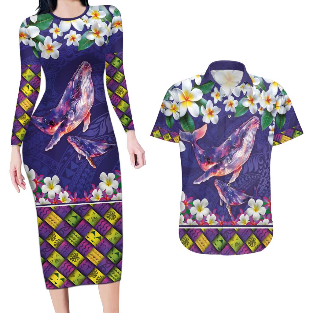 Hawaiian Plumeria and Humpback Whales Couples Matching Long Sleeve Bodycon Dress and Hawaiian Shirt Polynerian Art Tattoo-Navy Color LT03 Navy - Polynesian Pride