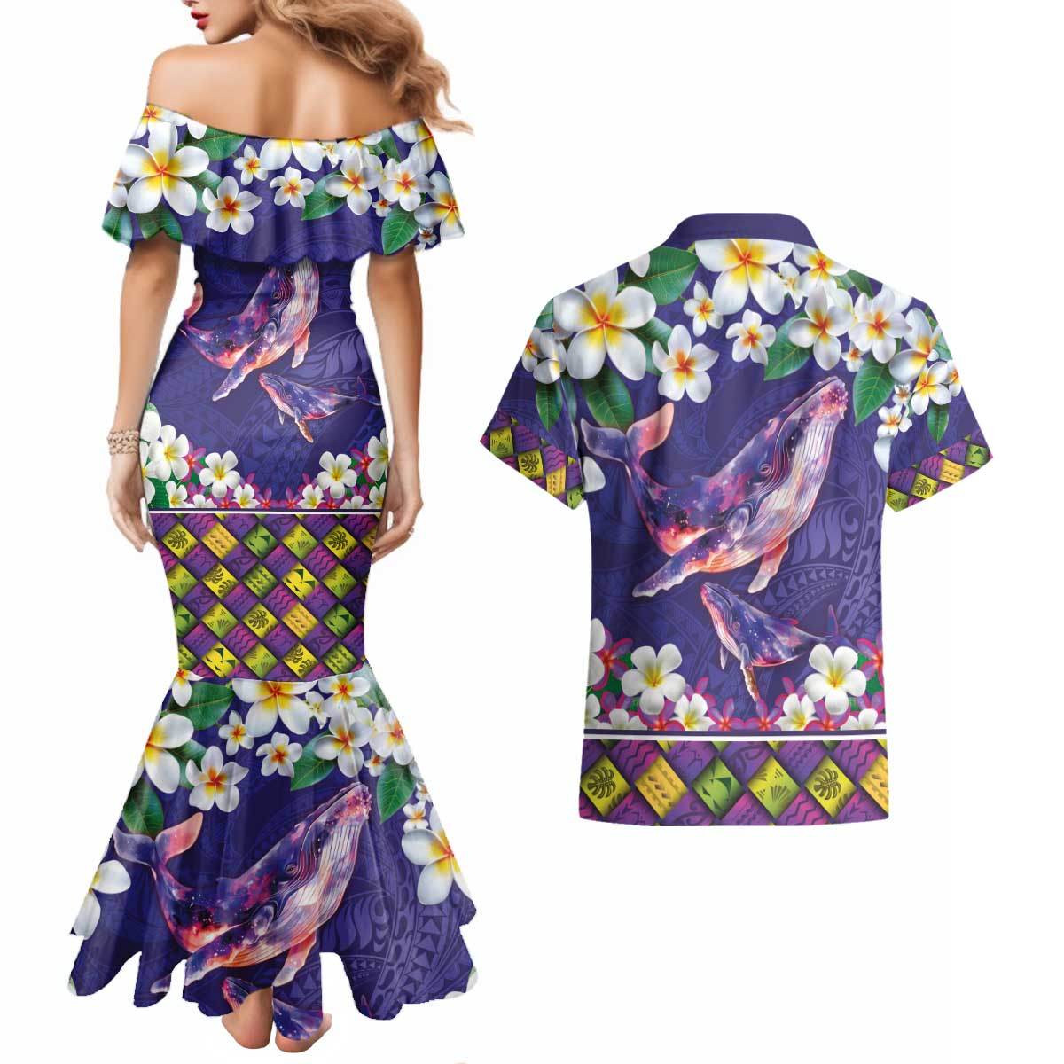 Hawaiian Plumeria and Humpback Whales Couples Matching Mermaid Dress and Hawaiian Shirt Polynerian Art Tattoo-Navy Color