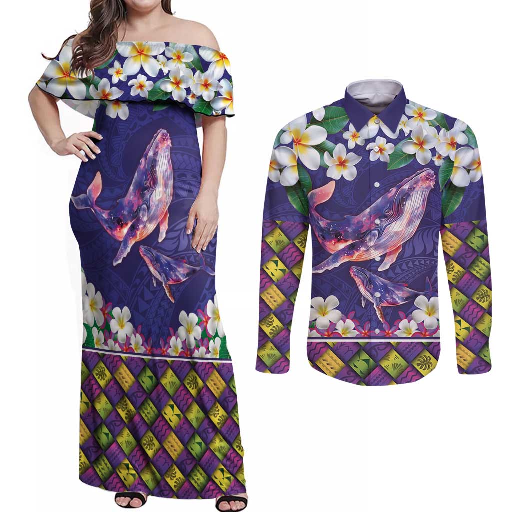 Hawaiian Plumeria and Humpback Whales Couples Matching Off Shoulder Maxi Dress and Long Sleeve Button Shirt Polynerian Art Tattoo-Navy Color LT03 Navy - Polynesian Pride