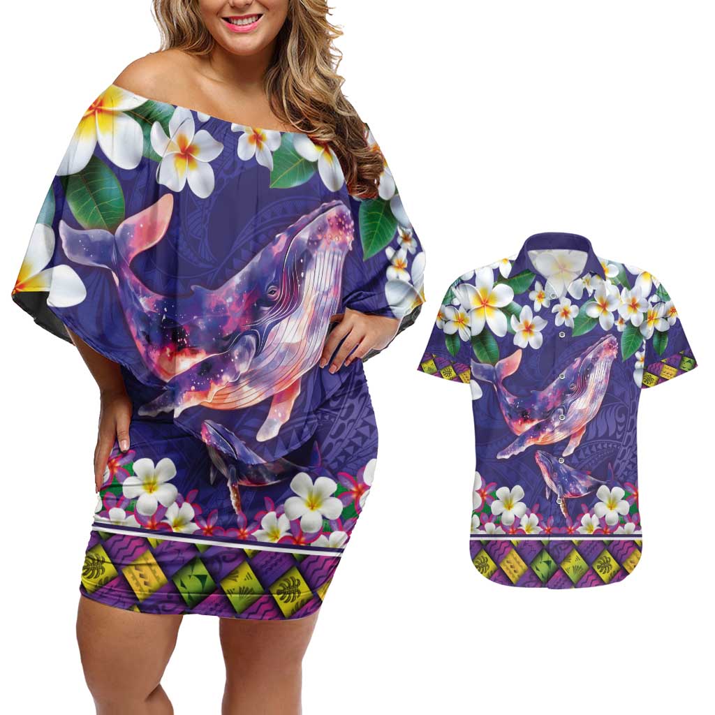 Hawaiian Plumeria and Humpback Whales Couples Matching Off Shoulder Short Dress and Hawaiian Shirt Polynerian Art Tattoo-Navy Color LT03 Navy - Polynesian Pride