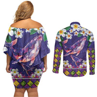 Hawaiian Plumeria and Humpback Whales Couples Matching Off Shoulder Short Dress and Long Sleeve Button Shirt Polynerian Art Tattoo-Navy Color