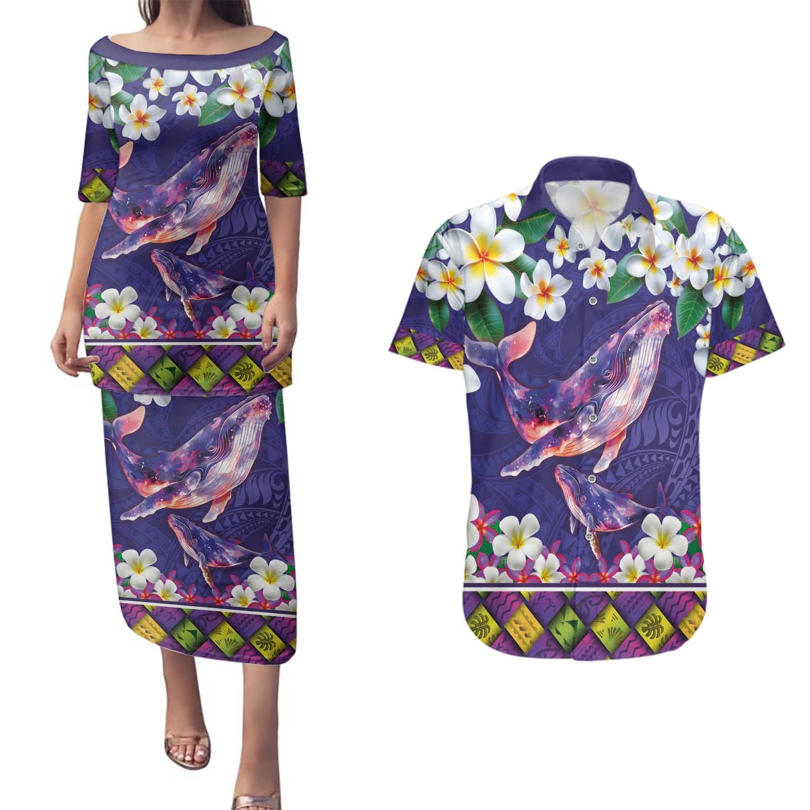 Hawaiian Plumeria and Humpback Whales Couples Matching Puletasi and Hawaiian Shirt Polynerian Art Tattoo-Navy Color LT03 Navy - Polynesian Pride