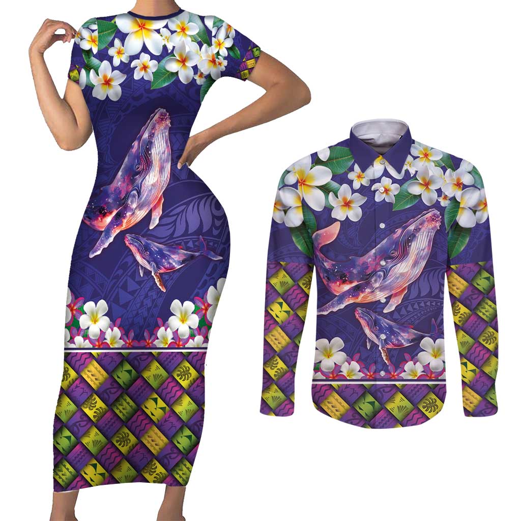 Hawaiian Plumeria and Humpback Whales Couples Matching Short Sleeve Bodycon Dress and Long Sleeve Button Shirt Polynerian Art Tattoo-Navy Color LT03 Navy - Polynesian Pride