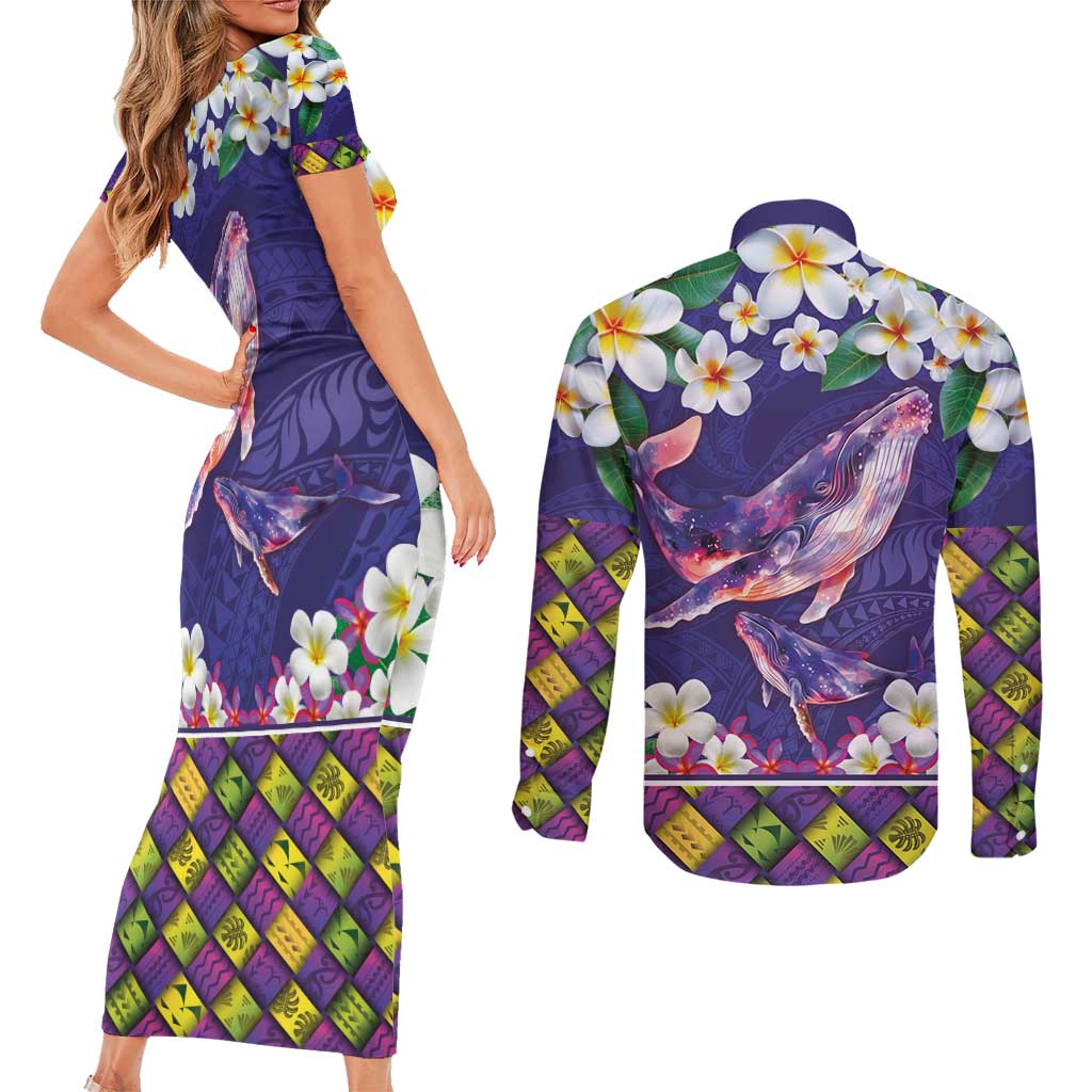 Hawaiian Plumeria and Humpback Whales Couples Matching Short Sleeve Bodycon Dress and Long Sleeve Button Shirt Polynerian Art Tattoo-Navy Color