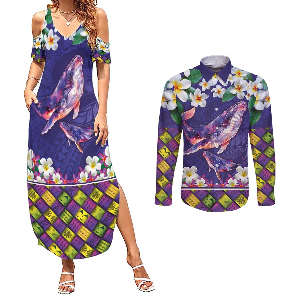 Hawaiian Plumeria and Humpback Whales Couples Matching Summer Maxi Dress and Long Sleeve Button Shirt Polynerian Art Tattoo-Navy Color LT03 Navy - Polynesian Pride