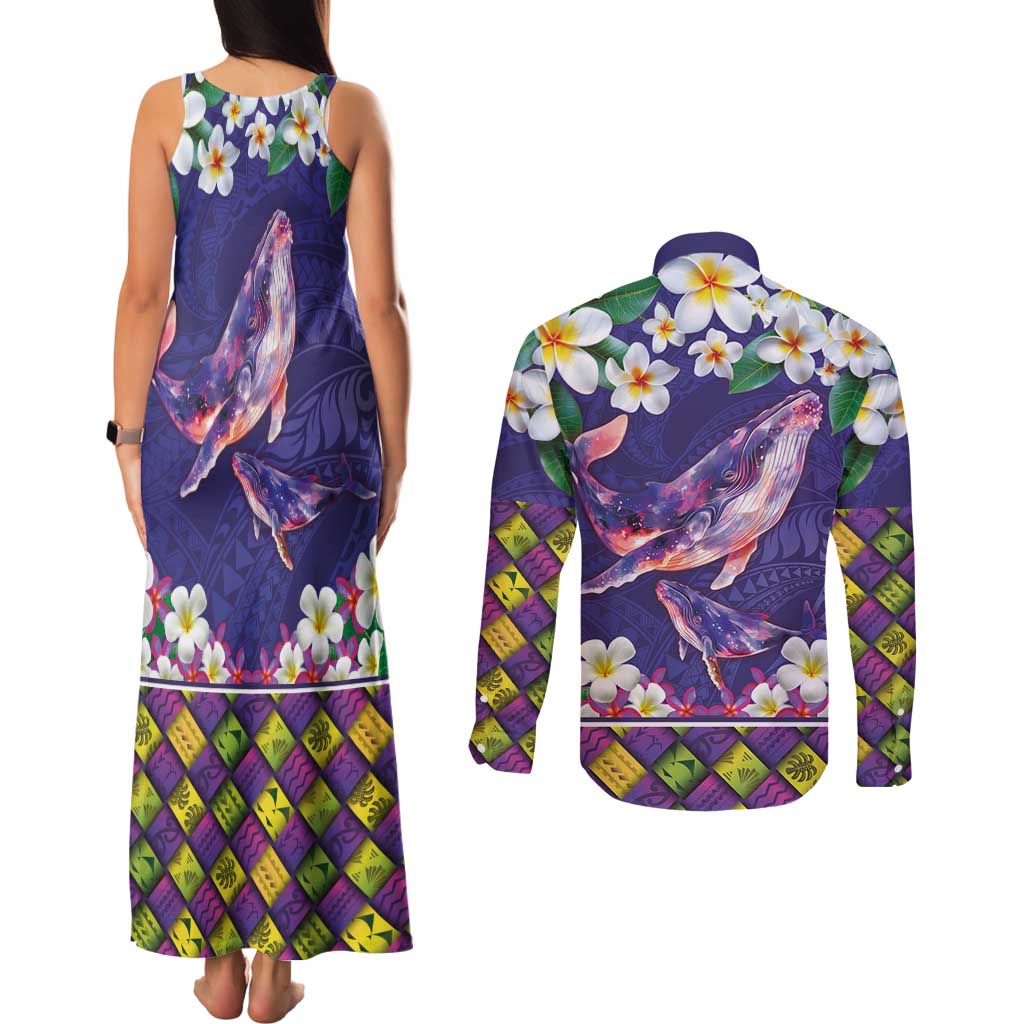 Hawaiian Plumeria and Humpback Whales Couples Matching Tank Maxi Dress and Long Sleeve Button Shirt Polynerian Art Tattoo-Navy Color