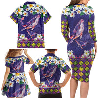 Hawaiian Plumeria and Humpback Whales Family Matching Long Sleeve Bodycon Dress and Hawaiian Shirt Polynerian Art Tattoo-Navy Color