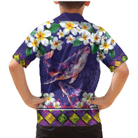 Hawaiian Plumeria and Humpback Whales Family Matching Mermaid Dress and Hawaiian Shirt Polynerian Art Tattoo-Navy Color