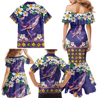 Hawaiian Plumeria and Humpback Whales Family Matching Mermaid Dress and Hawaiian Shirt Polynerian Art Tattoo-Navy Color