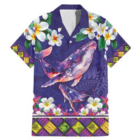 Hawaiian Plumeria and Humpback Whales Family Matching Mermaid Dress and Hawaiian Shirt Polynerian Art Tattoo-Navy Color