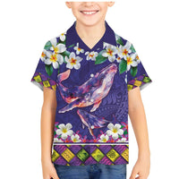 Hawaiian Plumeria and Humpback Whales Family Matching Mermaid Dress and Hawaiian Shirt Polynerian Art Tattoo-Navy Color