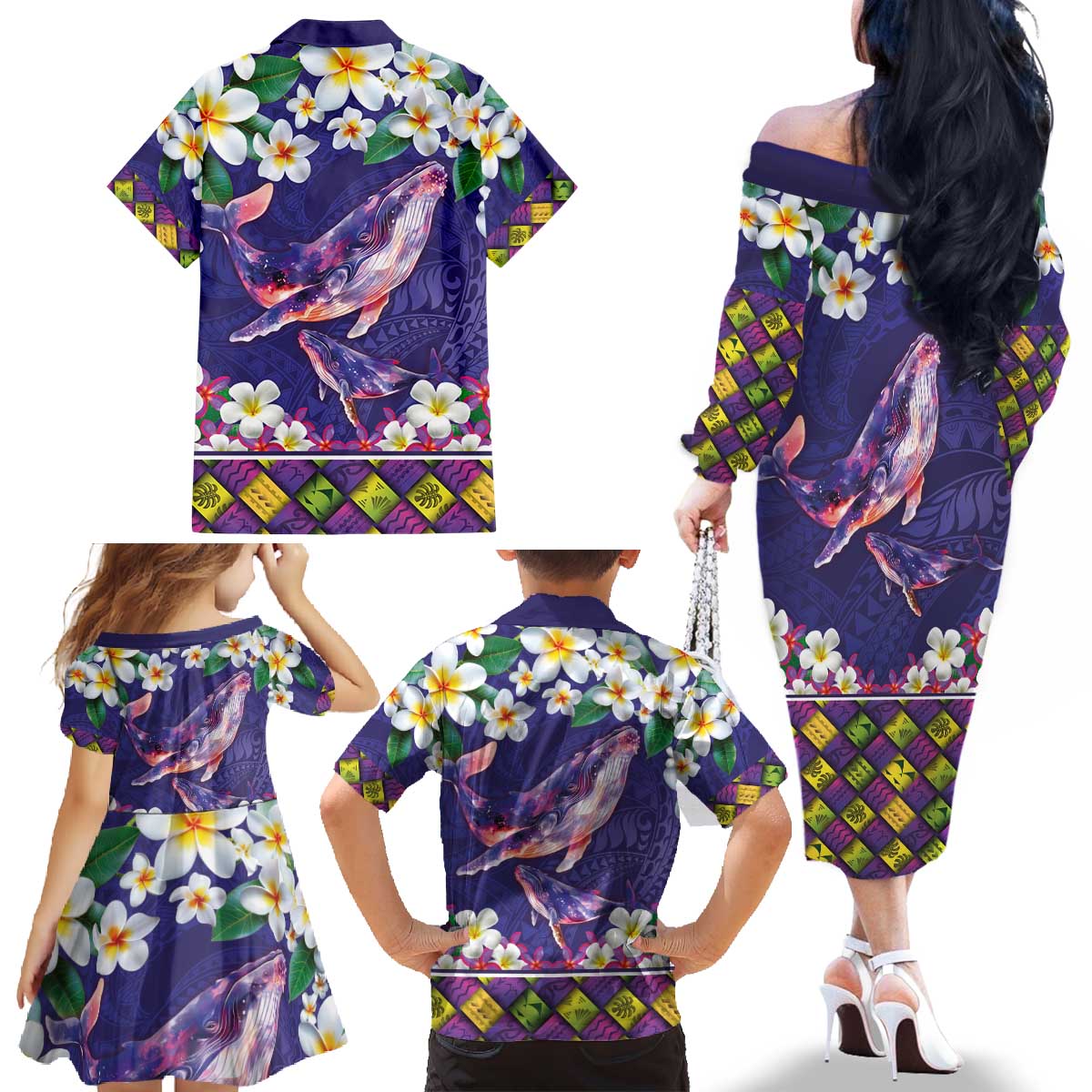 Hawaiian Plumeria and Humpback Whales Family Matching Off The Shoulder Long Sleeve Dress and Hawaiian Shirt Polynerian Art Tattoo-Navy Color