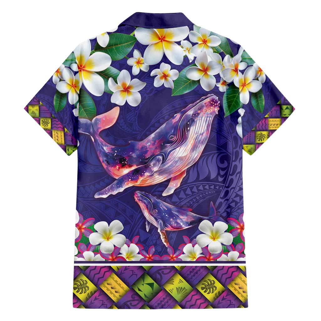 Hawaiian Plumeria and Humpback Whales Family Matching Off Shoulder Maxi Dress and Hawaiian Shirt Polynerian Art Tattoo-Navy Color