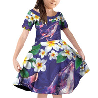 Hawaiian Plumeria and Humpback Whales Family Matching Off Shoulder Short Dress and Hawaiian Shirt Polynerian Art Tattoo-Navy Color