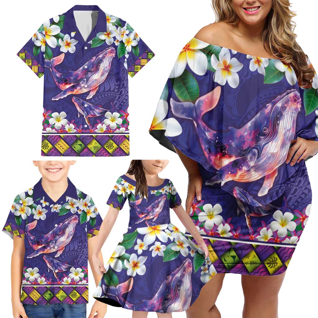 Hawaiian Plumeria and Humpback Whales Family Matching Off Shoulder Short Dress and Hawaiian Shirt Polynerian Art Tattoo-Navy Color
