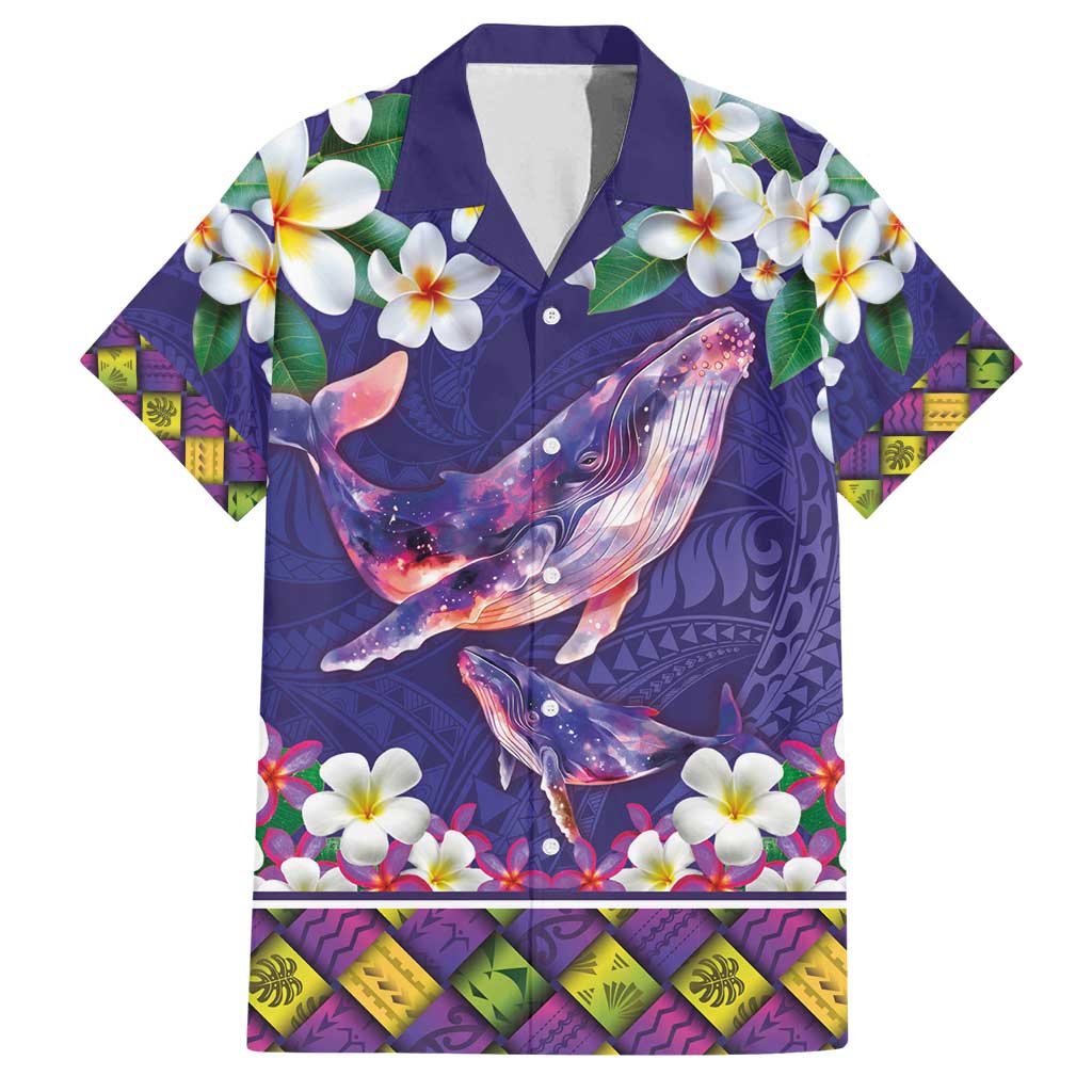 Hawaiian Plumeria and Humpback Whales Family Matching Puletasi and Hawaiian Shirt Polynerian Art Tattoo-Navy Color