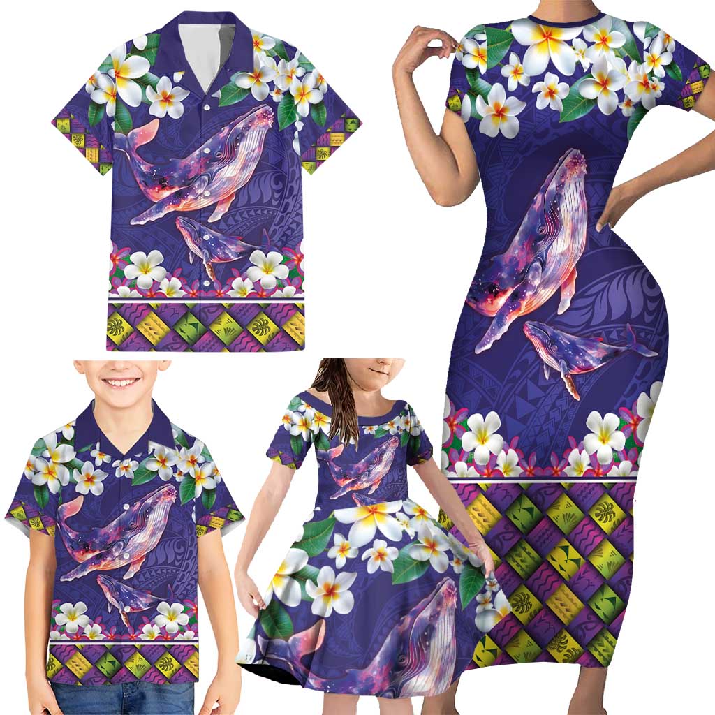 Hawaiian Plumeria and Humpback Whales Family Matching Short Sleeve Bodycon Dress and Hawaiian Shirt Polynerian Art Tattoo-Navy Color