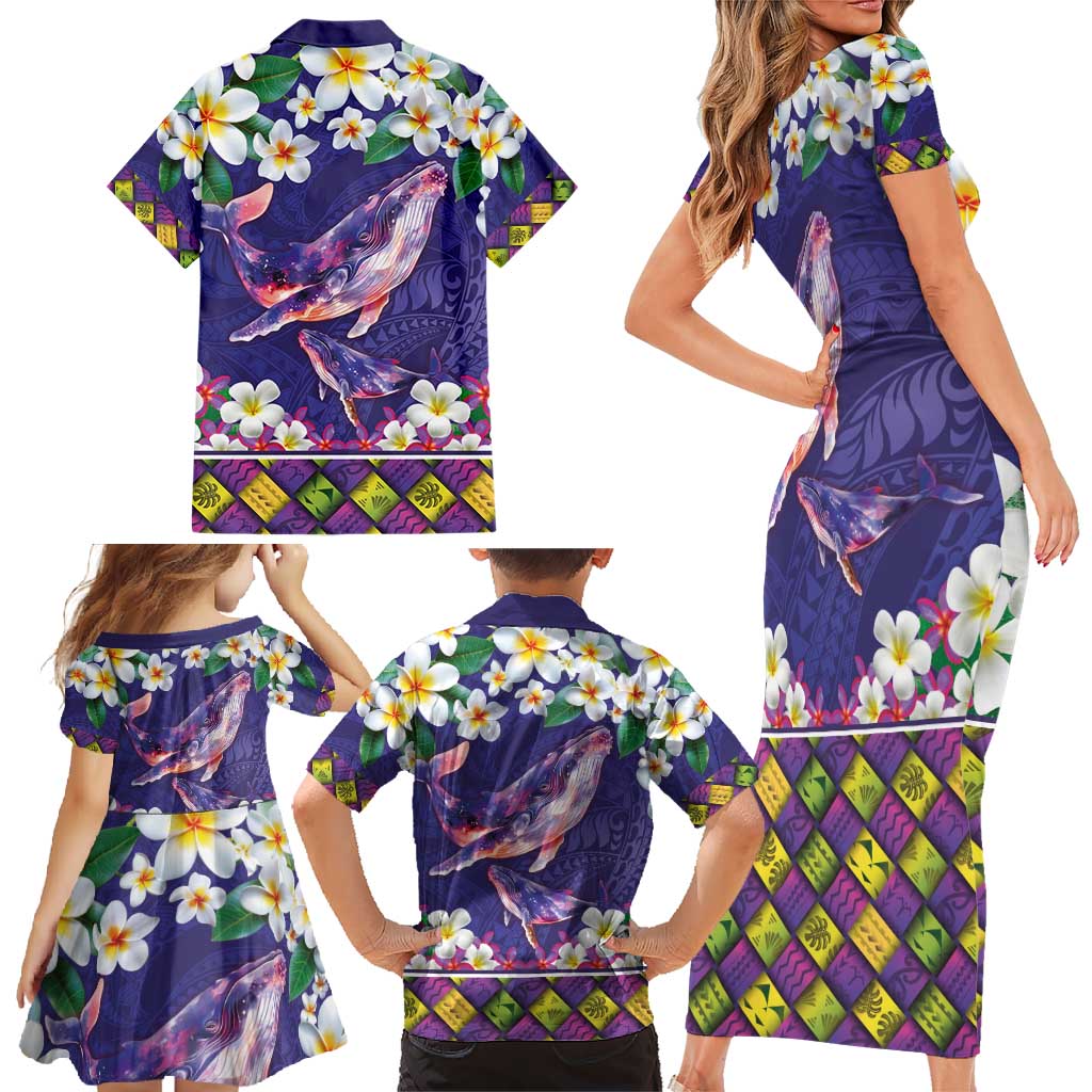 Hawaiian Plumeria and Humpback Whales Family Matching Short Sleeve Bodycon Dress and Hawaiian Shirt Polynerian Art Tattoo-Navy Color