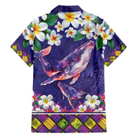 Hawaiian Plumeria and Humpback Whales Family Matching Summer Maxi Dress and Hawaiian Shirt Polynerian Art Tattoo-Navy Color