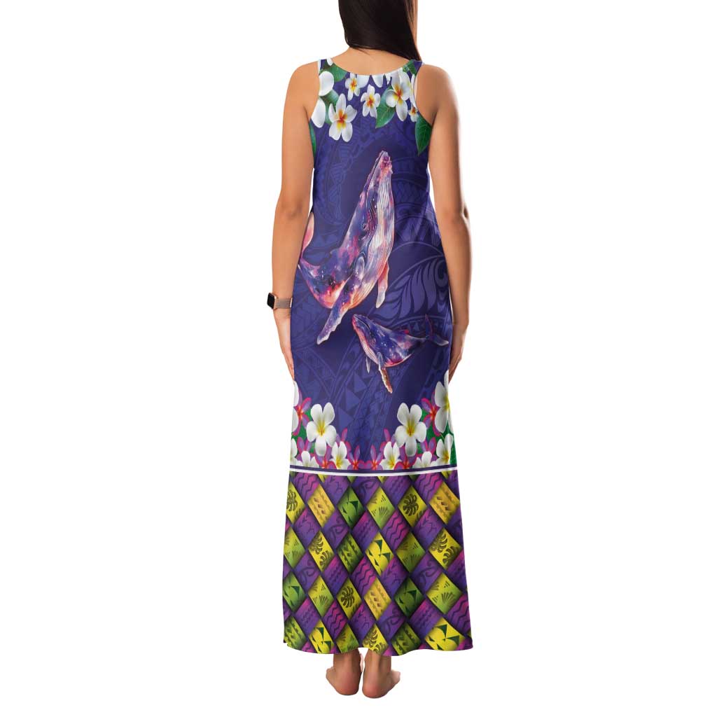 Hawaiian Plumeria and Humpback Whales Family Matching Tank Maxi Dress and Hawaiian Shirt Polynerian Art Tattoo-Navy Color