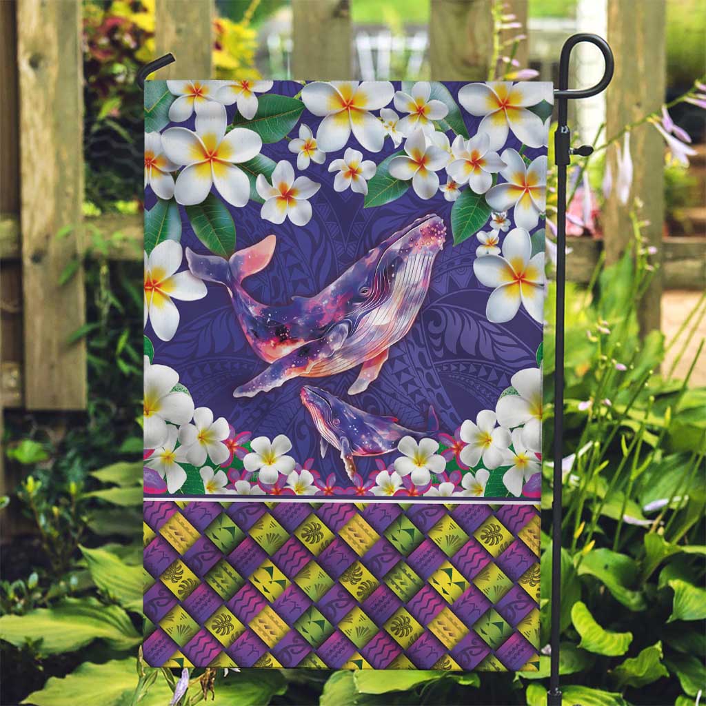 Hawaiian Plumeria and Humpback Whales Garden Flag Polynerian Art Tattoo-Navy Color LT03 Garden Flag Navy - Polynesian Pride