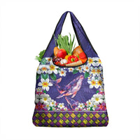 Hawaiian Plumeria and Humpback Whales Grocery Bag Polynerian Art Tattoo-Navy Color