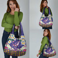 Hawaiian Plumeria and Humpback Whales Grocery Bag Polynerian Art Tattoo-Navy Color