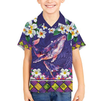 Hawaiian Plumeria and Humpback Whales Kid Hawaiian Shirt Polynerian Art Tattoo-Navy Color
