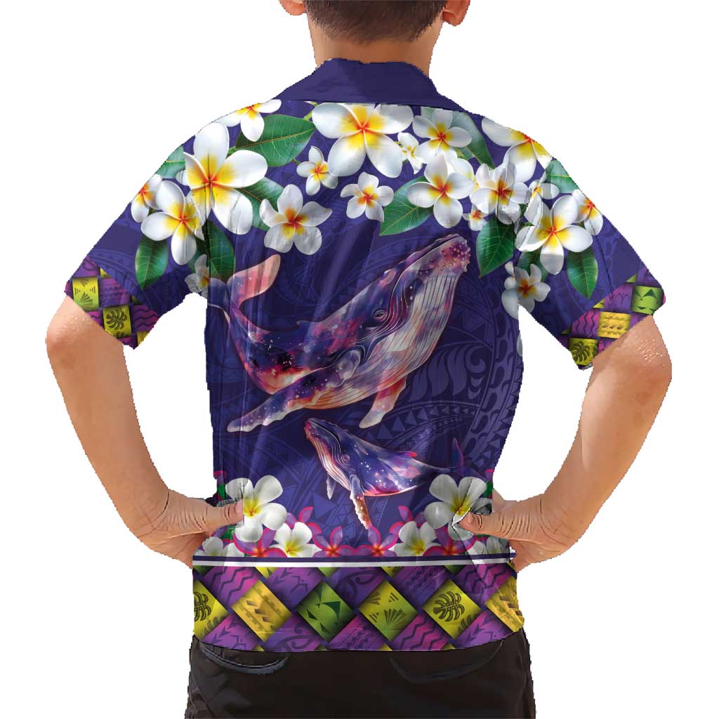 Hawaiian Plumeria and Humpback Whales Kid Hawaiian Shirt Polynerian Art Tattoo-Navy Color