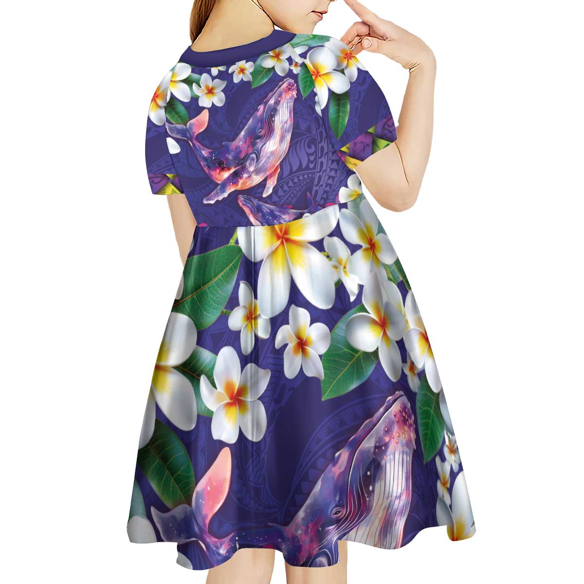 Hawaiian Plumeria and Humpback Whales Kid Short Sleeve Dress Polynerian Art Tattoo-Navy Color