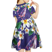 Hawaiian Plumeria and Humpback Whales Kid Short Sleeve Dress Polynerian Art Tattoo-Navy Color