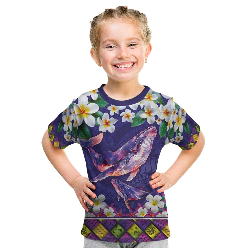 Hawaiian Plumeria and Humpback Whales Kid T Shirt Polynerian Art Tattoo-Navy Color
