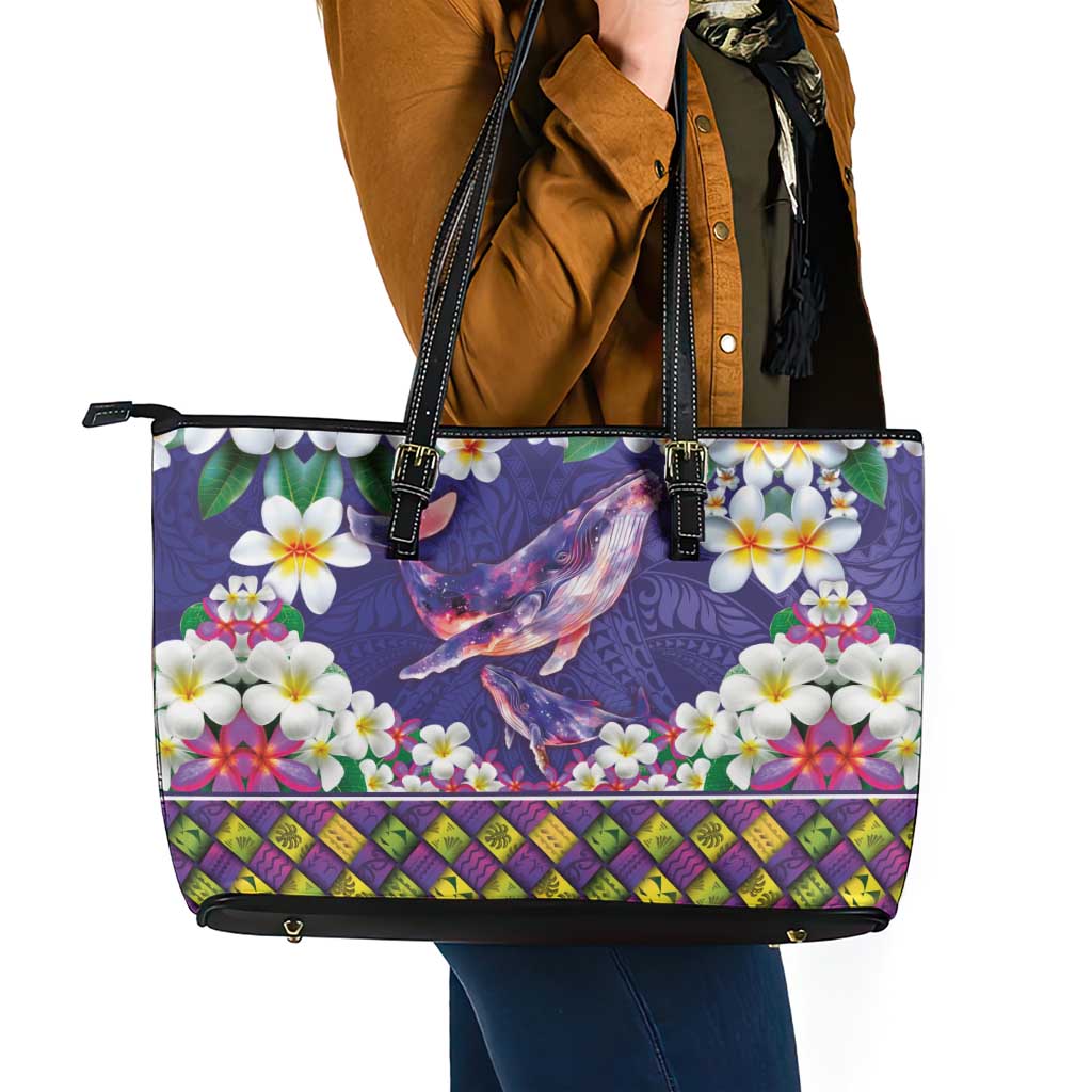 Hawaiian Plumeria and Humpback Whales Leather Tote Bag Polynerian Art Tattoo-Navy Color