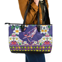 Hawaiian Plumeria and Humpback Whales Leather Tote Bag Polynerian Art Tattoo-Navy Color