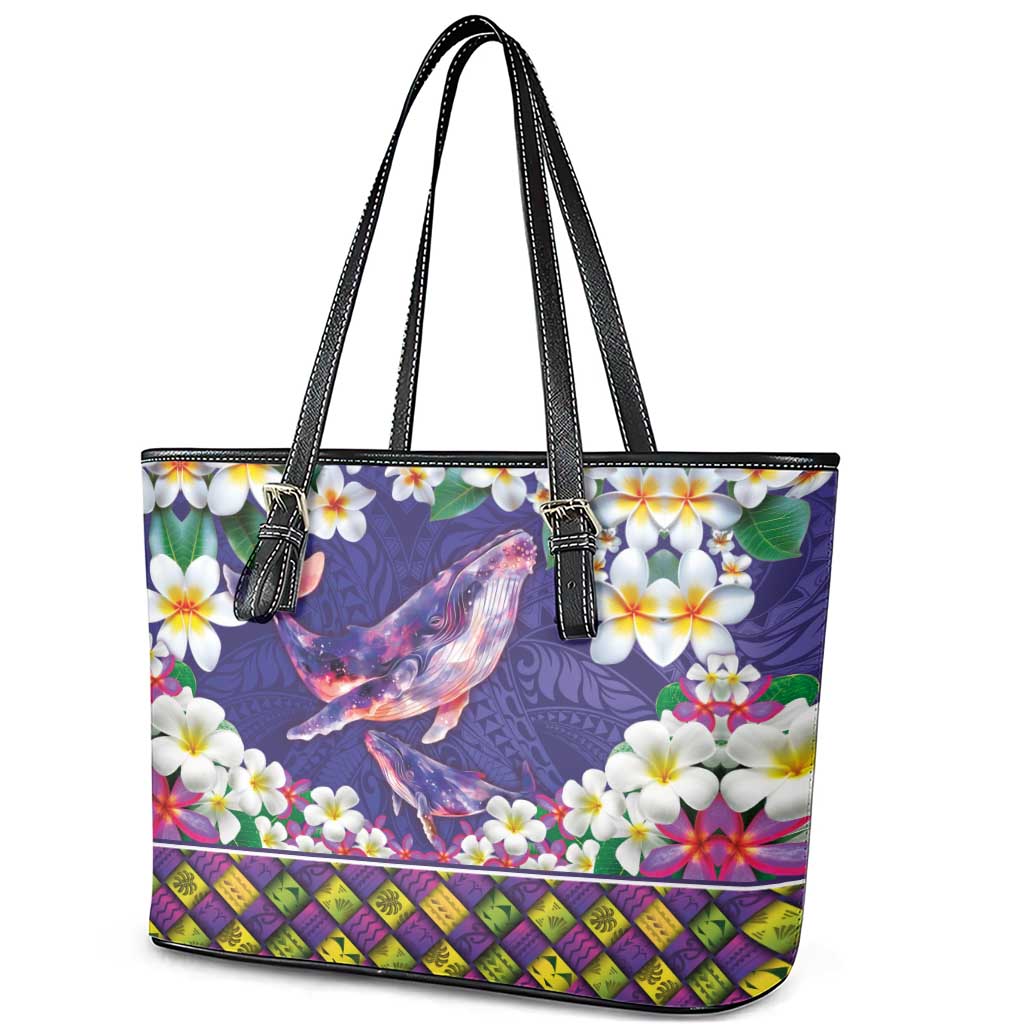 Hawaiian Plumeria and Humpback Whales Leather Tote Bag Polynerian Art Tattoo-Navy Color