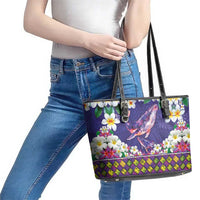 Hawaiian Plumeria and Humpback Whales Leather Tote Bag Polynerian Art Tattoo-Navy Color
