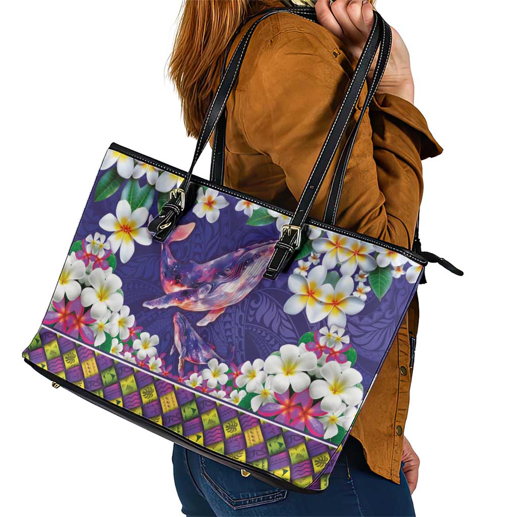 Hawaiian Plumeria and Humpback Whales Leather Tote Bag Polynerian Art Tattoo-Navy Color