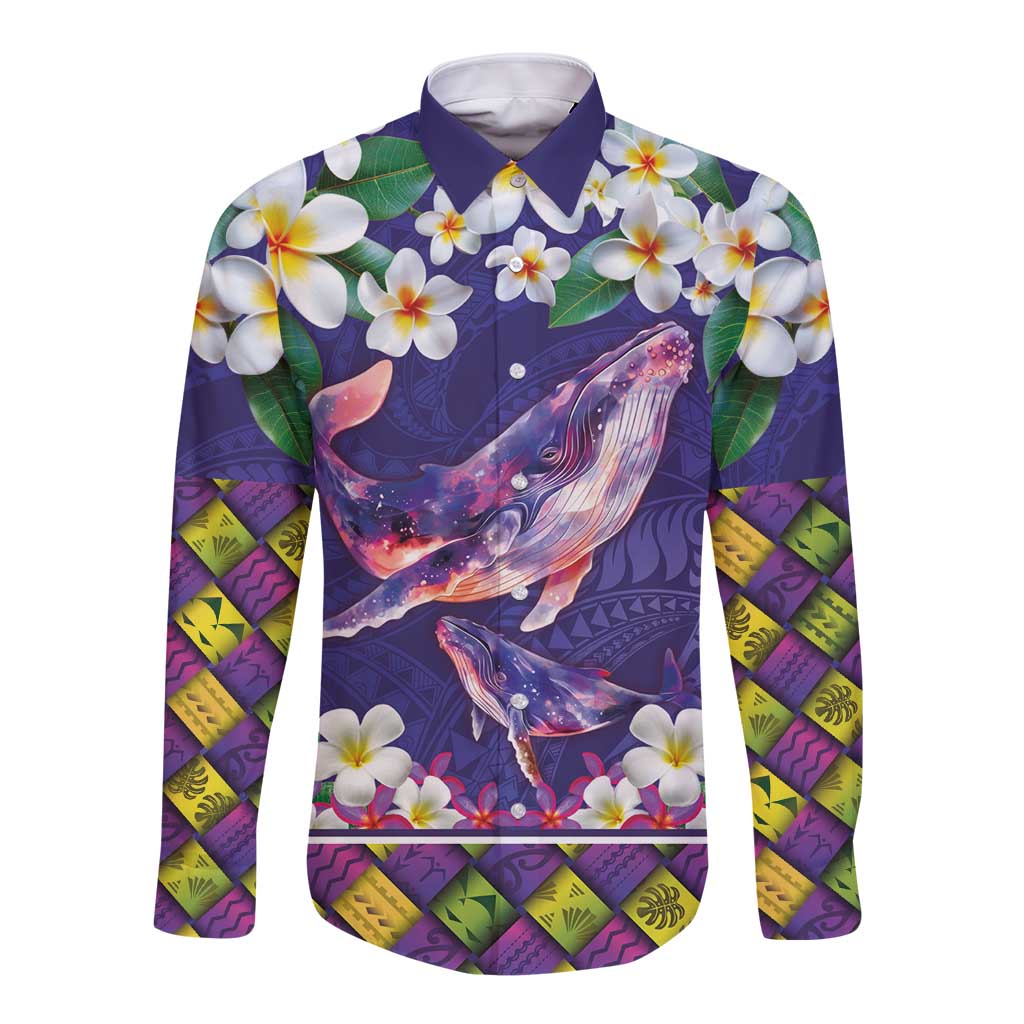 Hawaiian Plumeria and Humpback Whales Long Sleeve Button Shirt Polynerian Art Tattoo-Navy Color LT03 Unisex Navy - Polynesian Pride