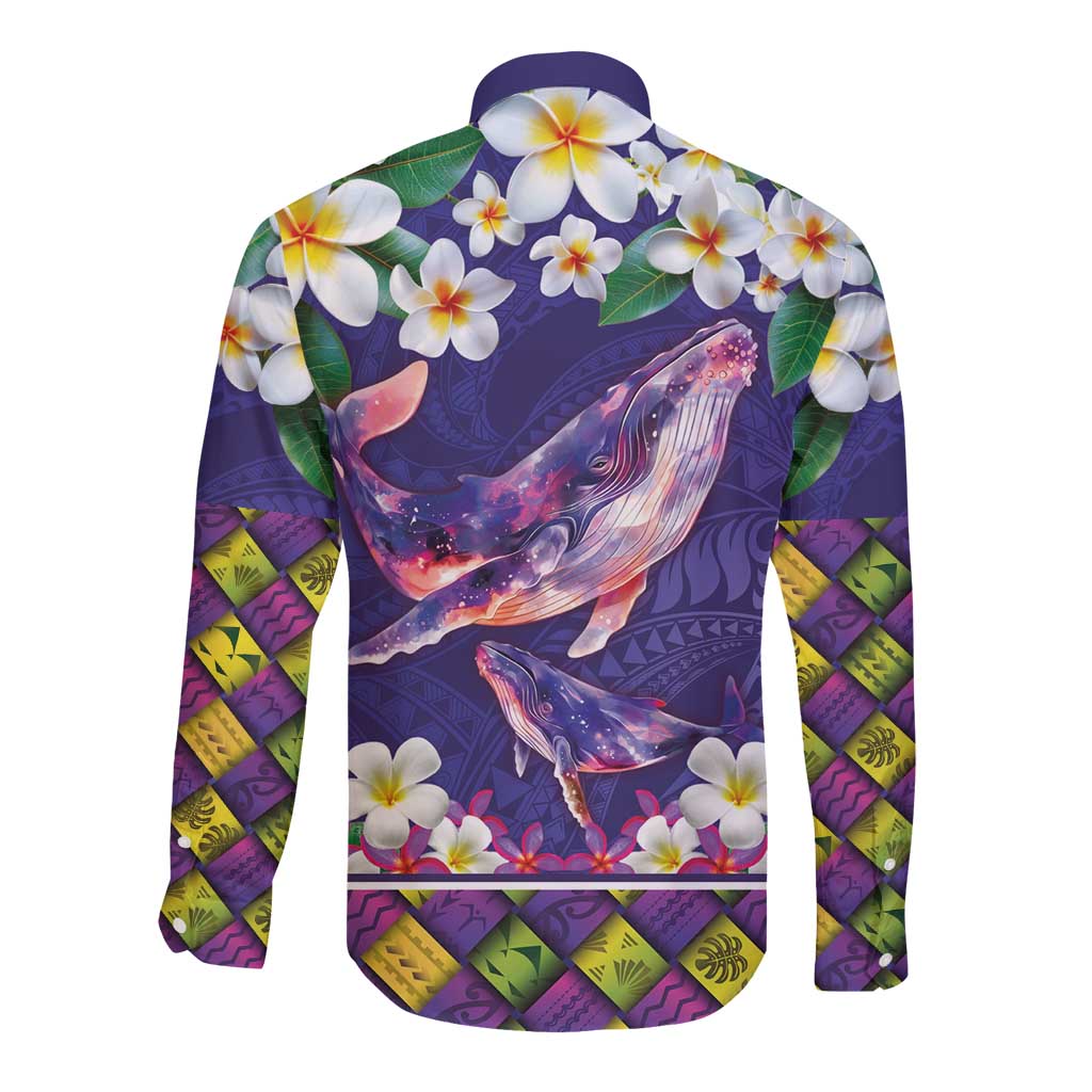 Hawaiian Plumeria and Humpback Whales Long Sleeve Button Shirt Polynerian Art Tattoo-Navy Color LT03 - Polynesian Pride
