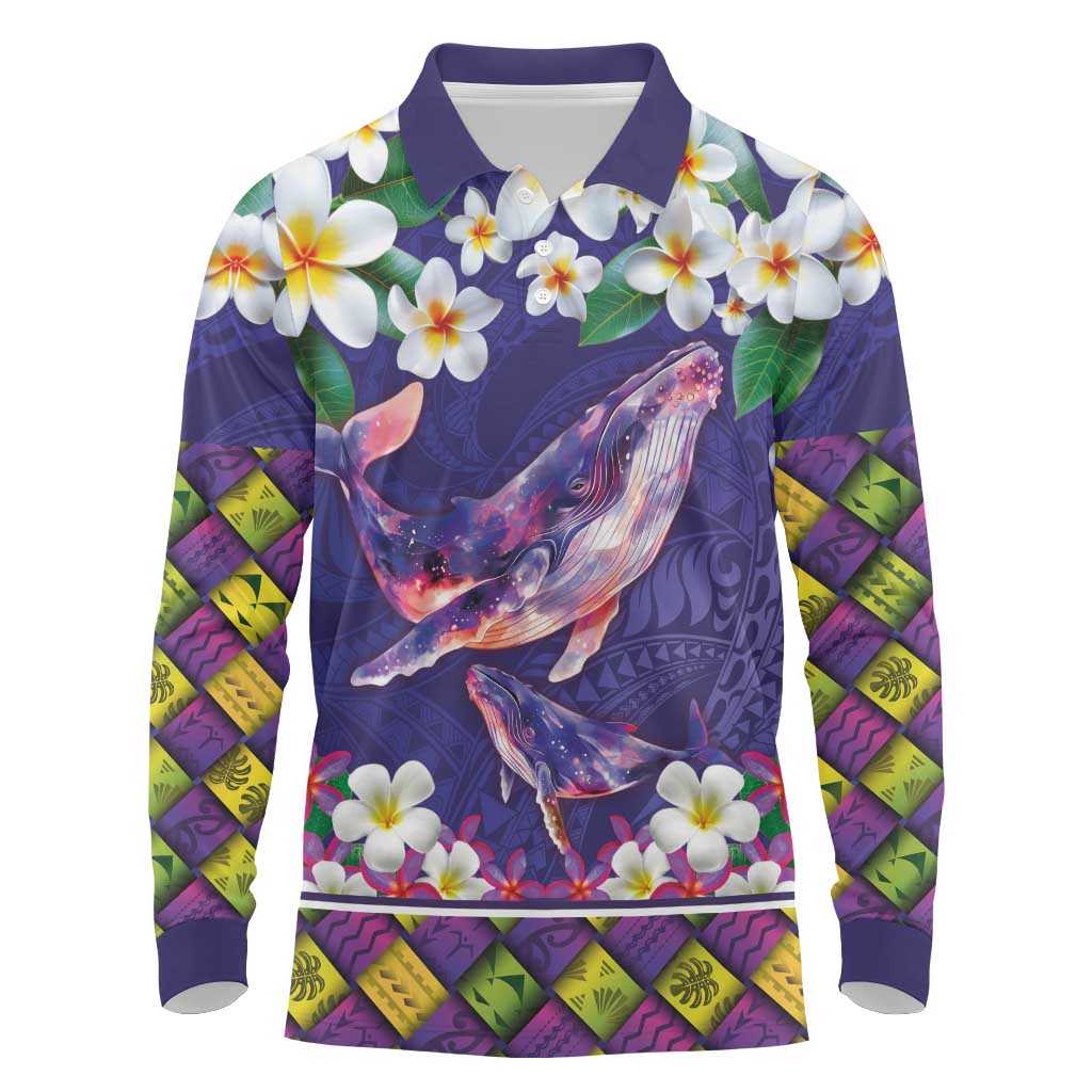 Hawaiian Plumeria and Humpback Whales Long Sleeve Polo Shirt Polynerian Art Tattoo-Navy Color
