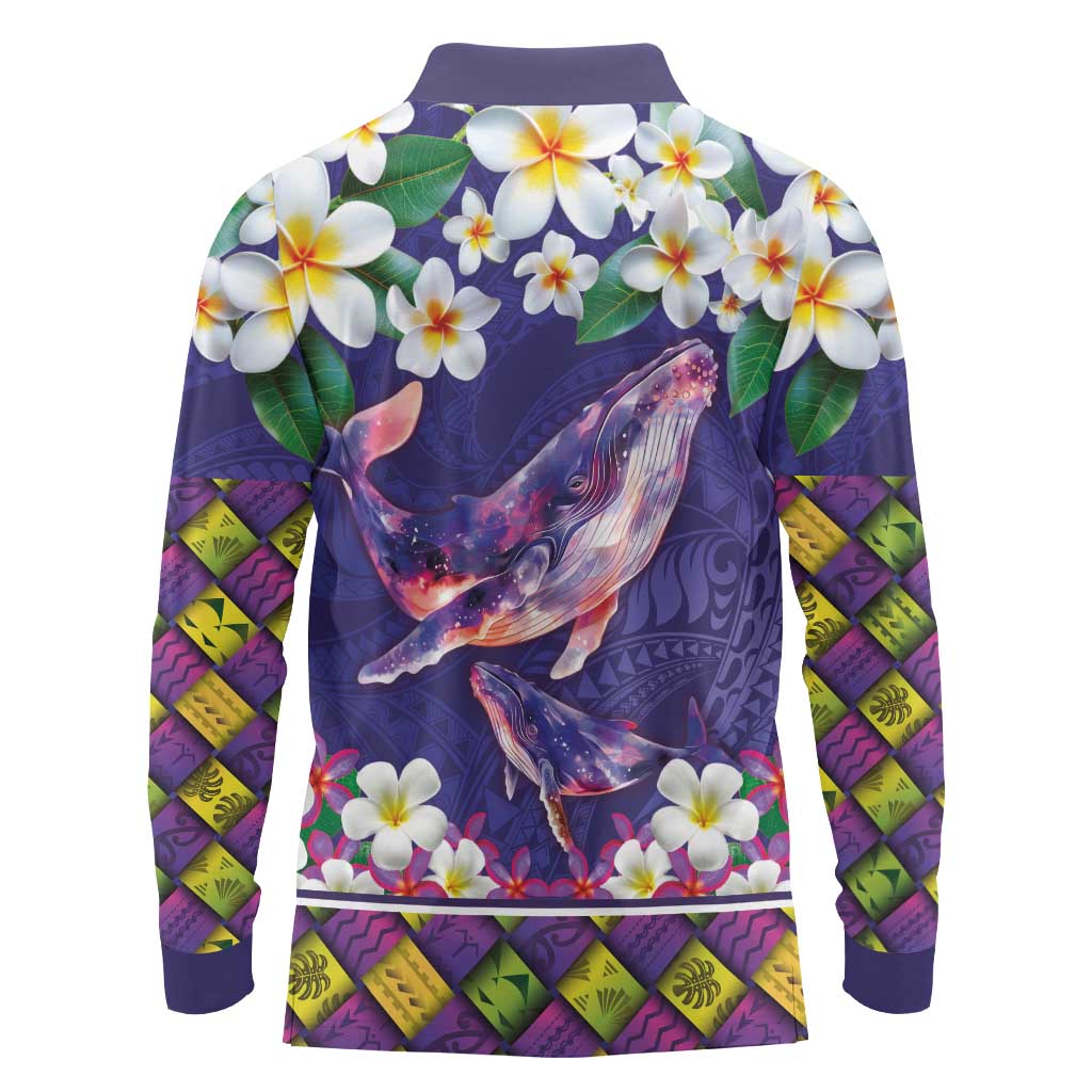 Hawaiian Plumeria and Humpback Whales Long Sleeve Polo Shirt Polynerian Art Tattoo-Navy Color