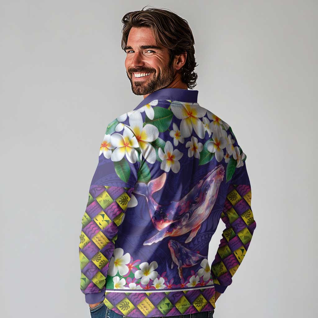 Hawaiian Plumeria and Humpback Whales Long Sleeve Polo Shirt Polynerian Art Tattoo-Navy Color