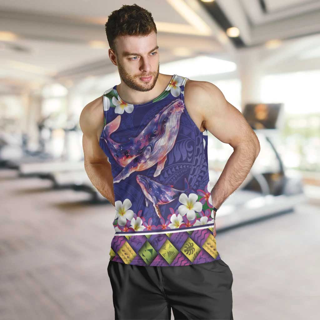 Hawaiian Plumeria and Humpback Whales Men Tank Top Polynerian Art Tattoo-Navy Color LT03 Navy - Polynesian Pride