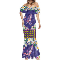 Hawaiian Plumeria and Humpback Whales Mermaid Dress Polynerian Art Tattoo-Navy Color