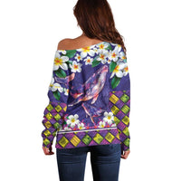 Hawaiian Plumeria and Humpback Whales Off Shoulder Sweater Polynerian Art Tattoo-Navy Color