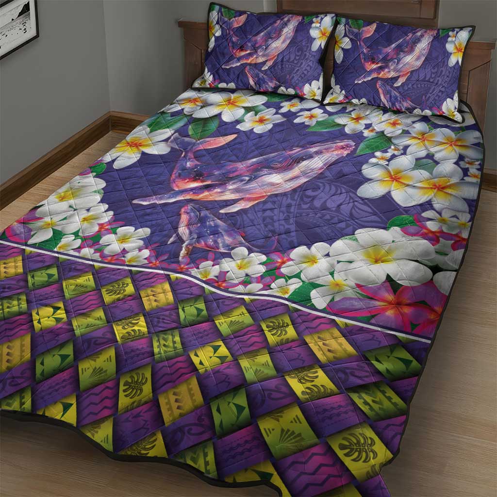 Hawaiian Plumeria and Humpback Whales Quilt Bed Set Polynerian Art Tattoo-Navy Color