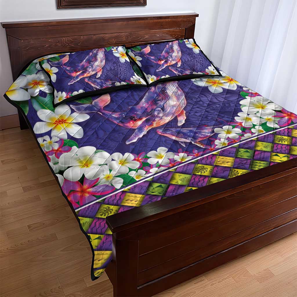 Hawaiian Plumeria and Humpback Whales Quilt Bed Set Polynerian Art Tattoo-Navy Color