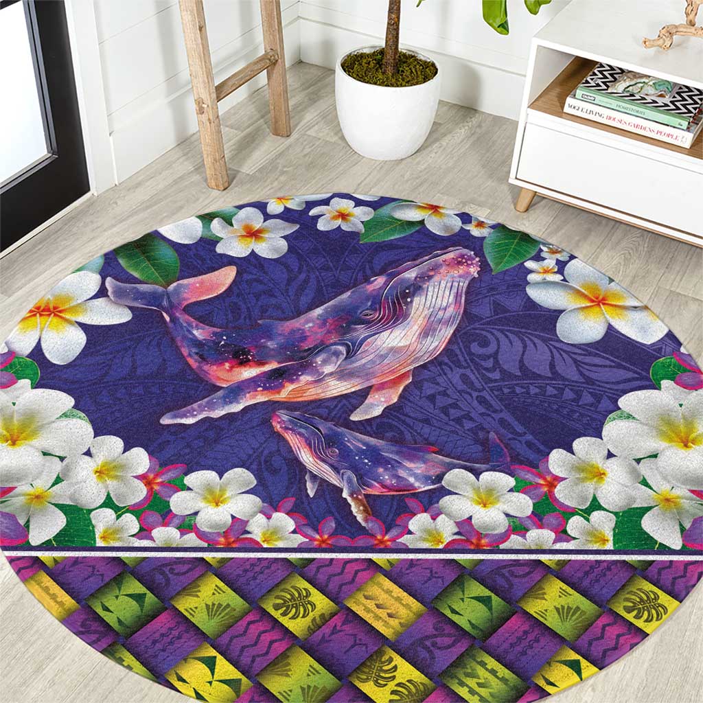 Hawaiian Plumeria and Humpback Whales Round Carpet Polynerian Art Tattoo-Navy Color