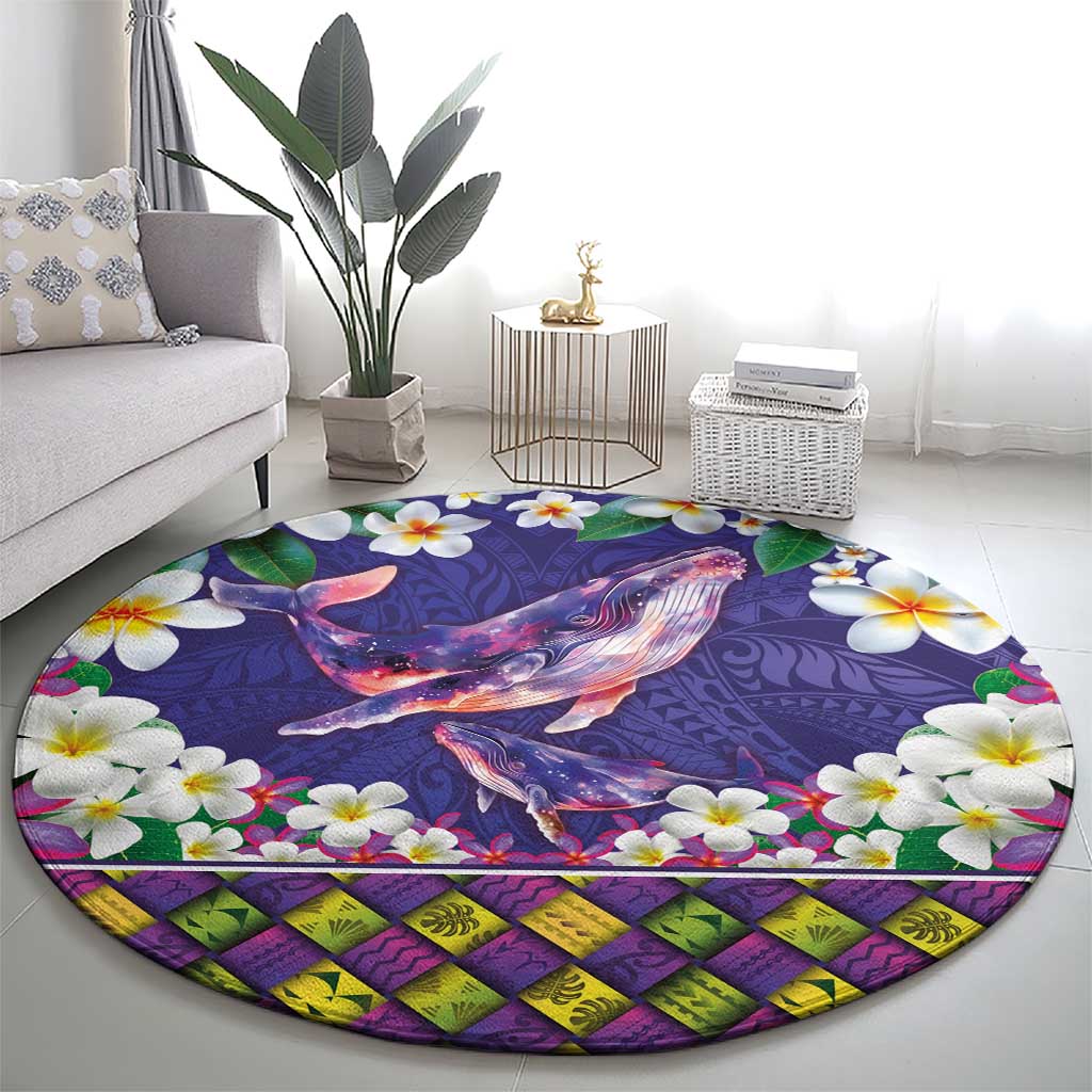 Hawaiian Plumeria and Humpback Whales Round Carpet Polynerian Art Tattoo-Navy Color